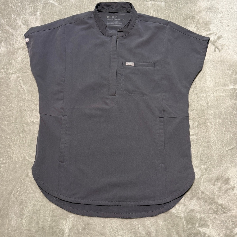 FIGS Technical Collection Scrub Top Gray XXS Mandarin Collar Quarter Zip 1000836